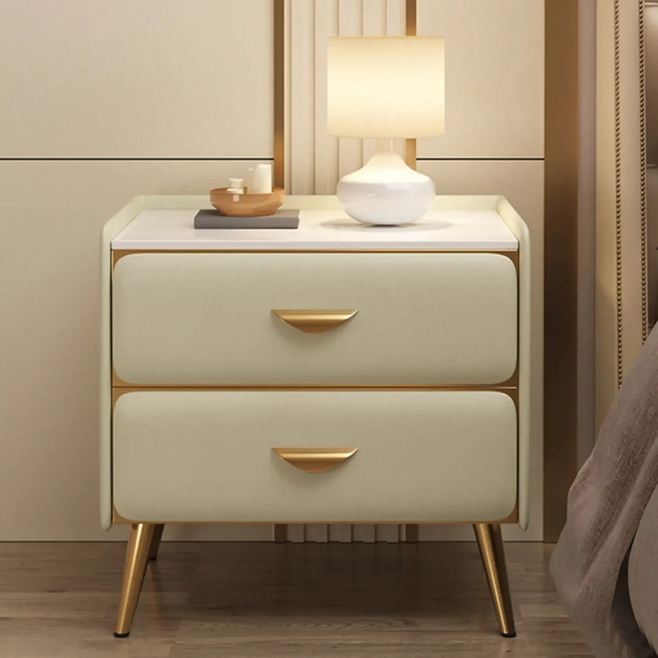 Elegant Stone Top Gold Accents Nightstand with 2 Drawers