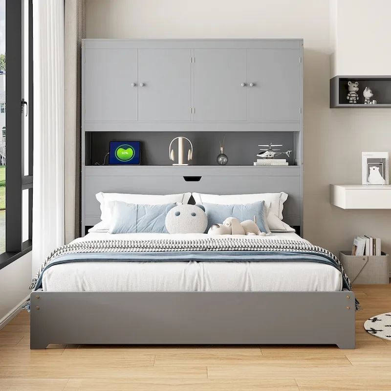 Wooden Platform Storage Bed Full Size Bed Frame with Storage Headboard