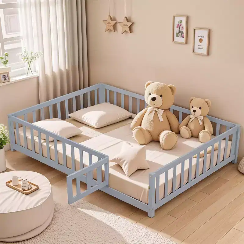 Plywood Full Size Floor Platform Bed with Fence and Door for Kids, Montessori Floor Bed Frame Grey