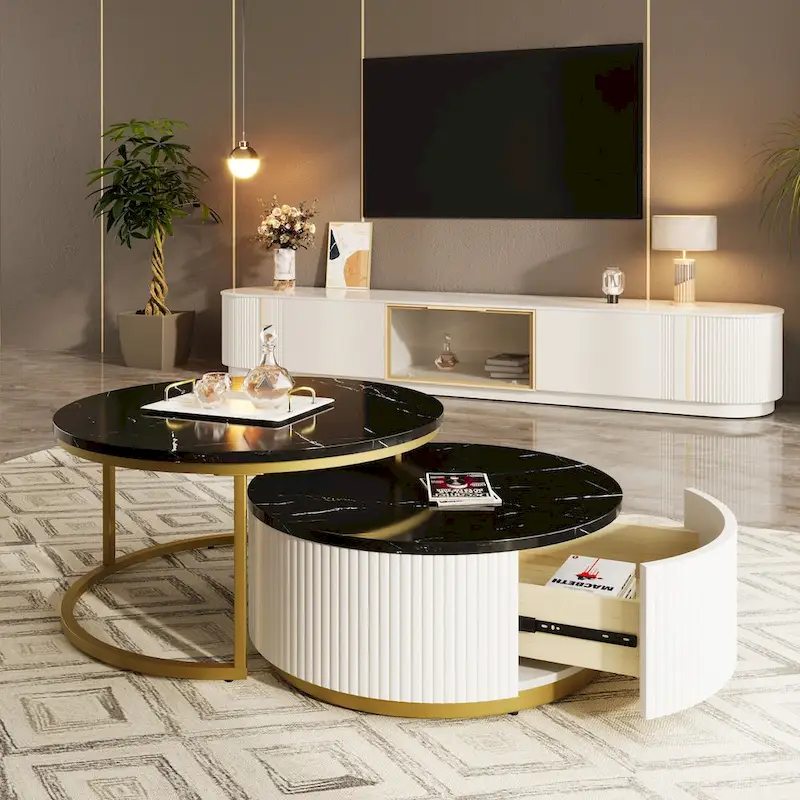 Modern Round Nesting Coffee Table Fluted with Drawer