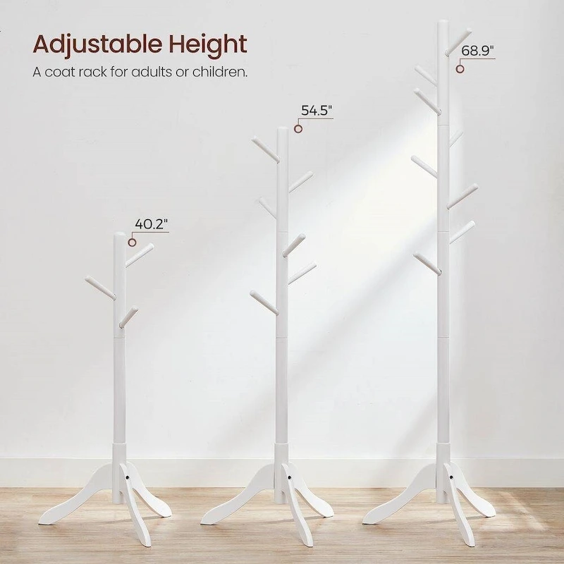 Solid Wood Modern Coat Rack, 8 Hooks, 53 lb Capacity, Adjustable 3-Section Design with Triangular Base