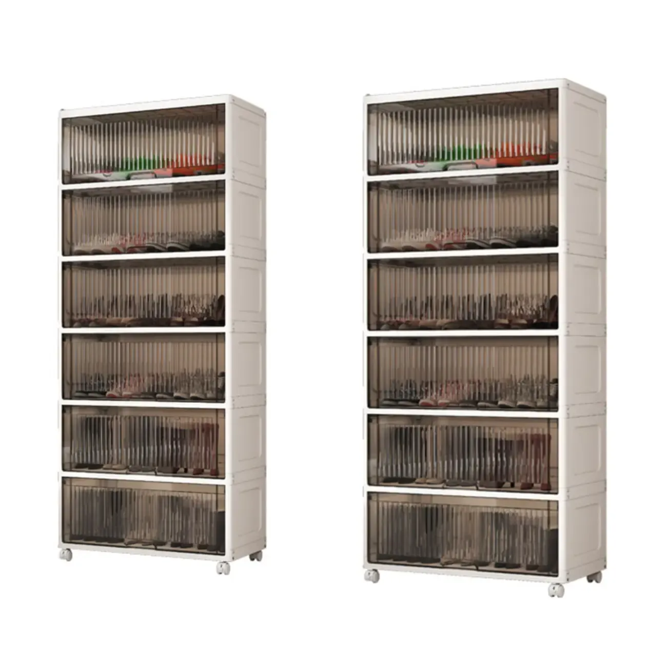 Hallway White Plastic Drop-Front Shoe Cabinet with Casters