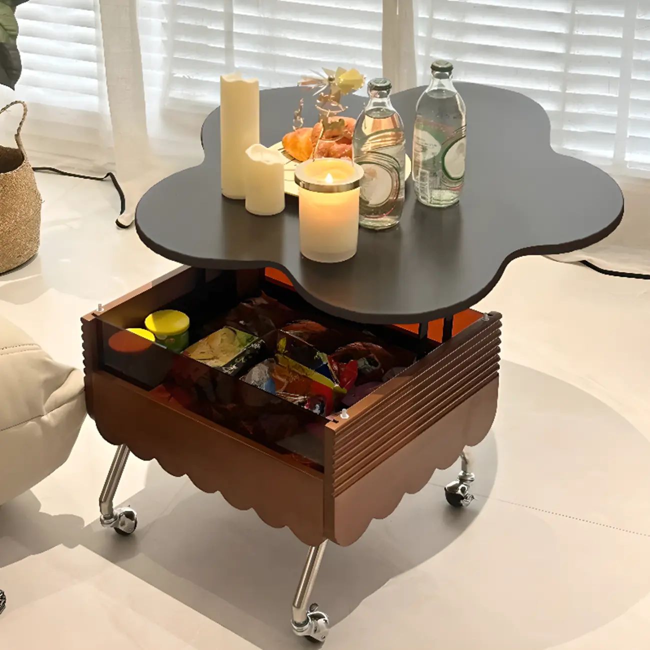 Adjustable Walnut Wood Flower Shaped Coffee Table with Wheels