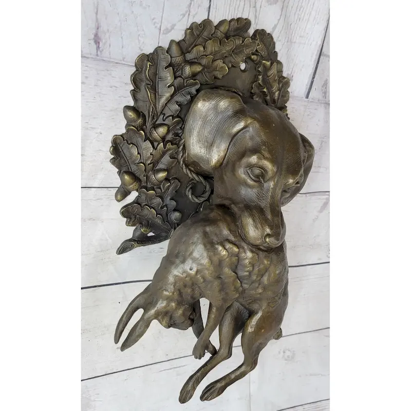 Hanging Wall Mounted Bronze Sculpture Of Retriever Dog With Imitative Rabbit In Mouth 12 Inches X 17 Inches
