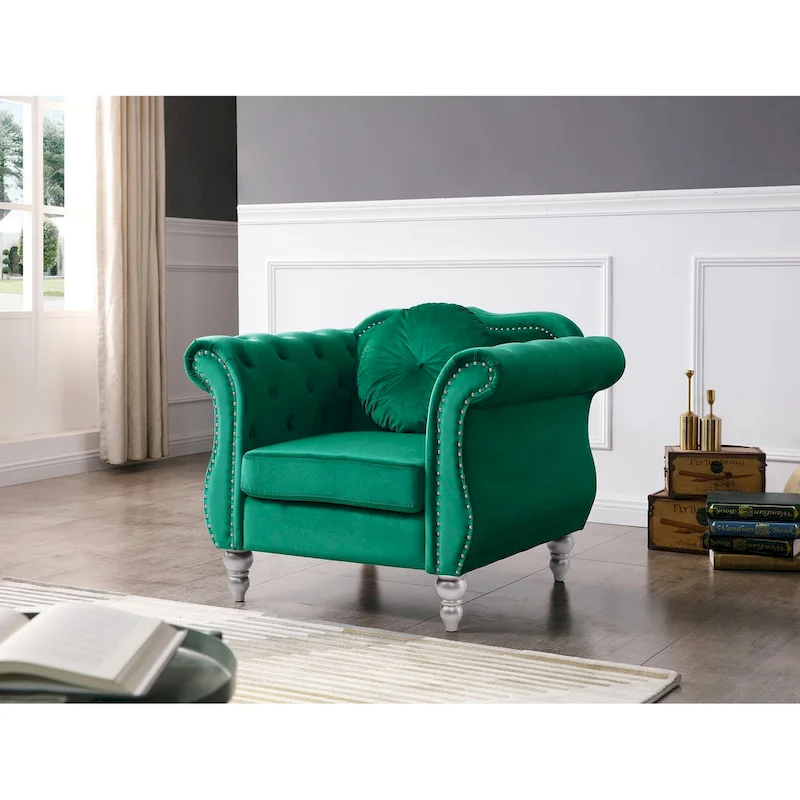 Hollywood Chesterfield Tufted Velvet Accent Chair with Round Throw Pillow - 39L x 35W x 34H