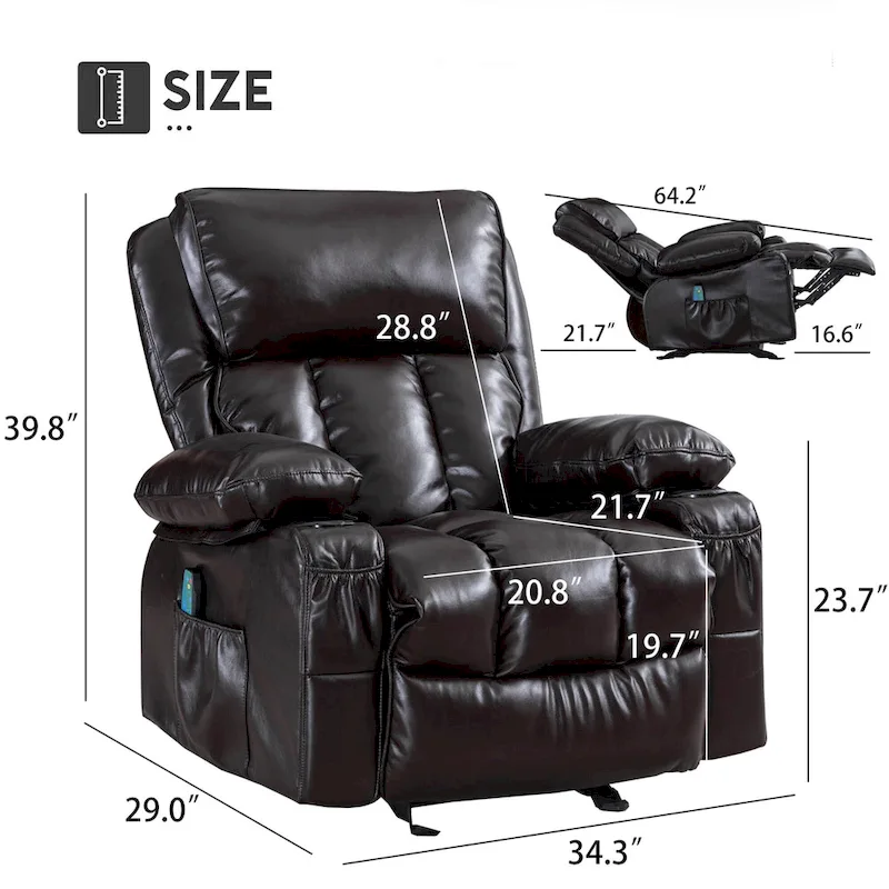 Faux leather Massage Recliner Chair, Rocker Recliner, Heat Function