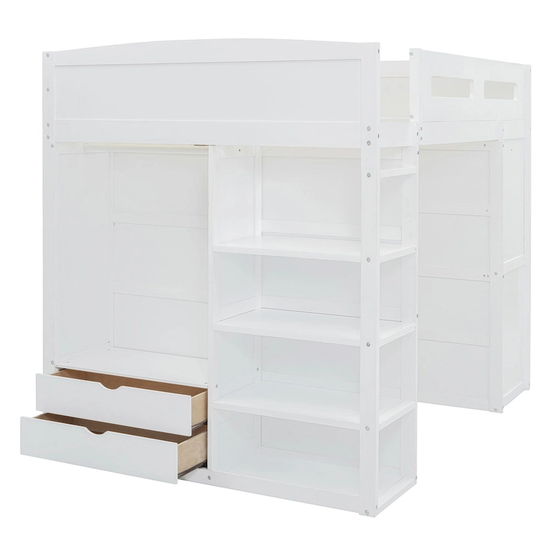 Full Size Loft Bed with Desk, Wardrobes, 4 Drawers and 4 Shelves-White