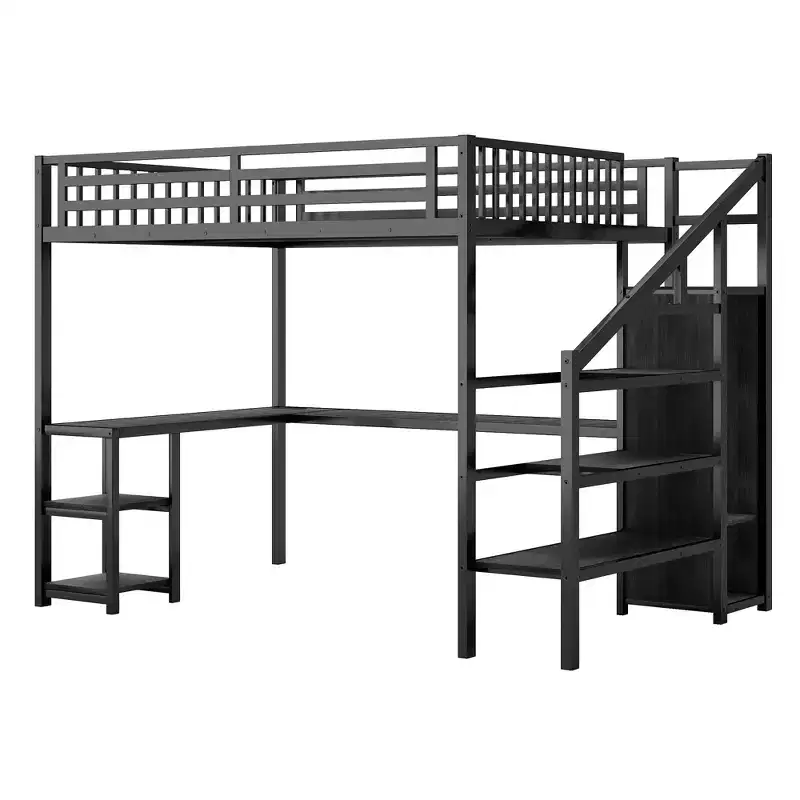 Full/Queen Metal Loft Bed with Wardrobe, L-Shaped Desk, USB & LED Lights, Space-Saving Gaming Loft Bed Frame - ModernLuxe