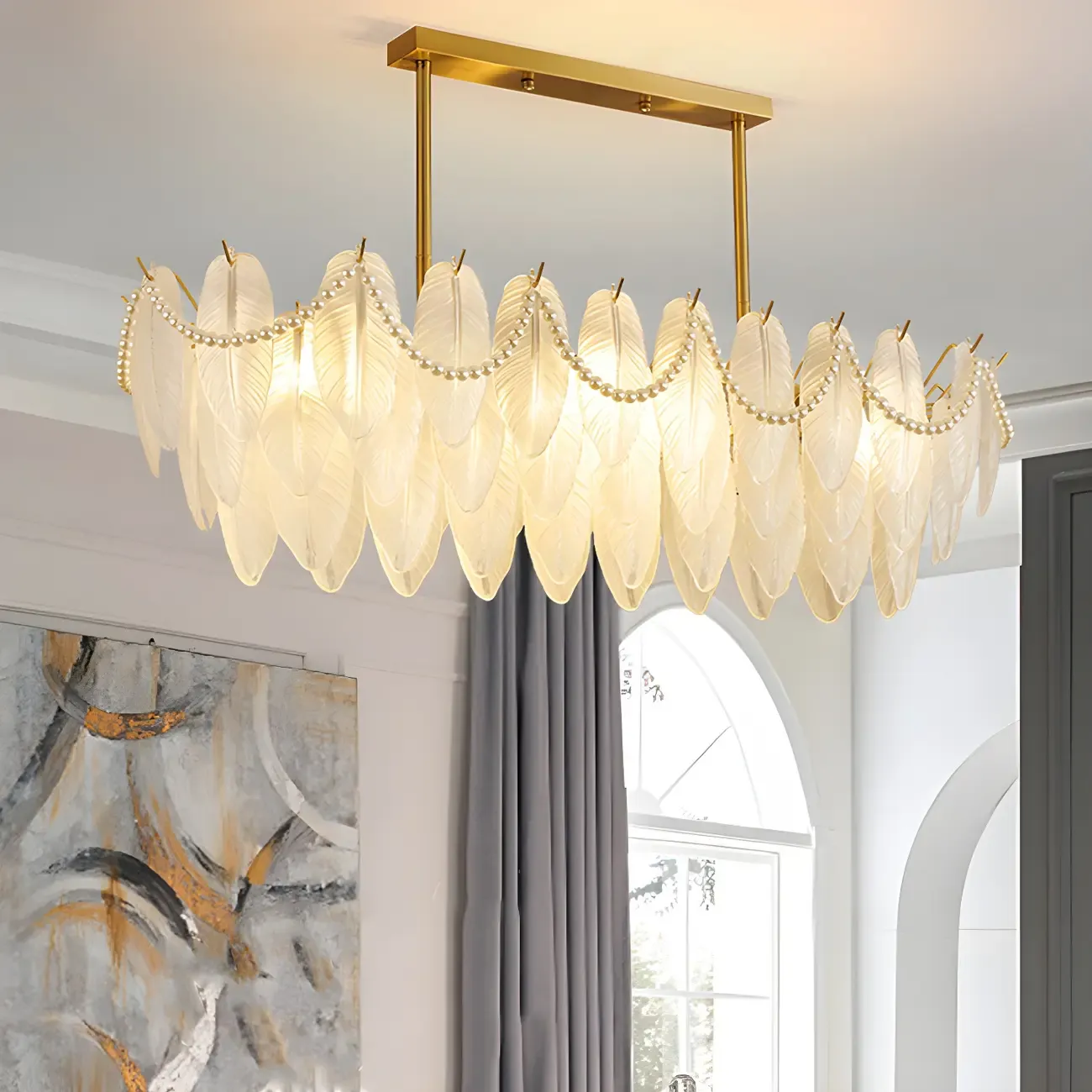 Adjustable Modern Glass Feather Island Chandelier in Gold