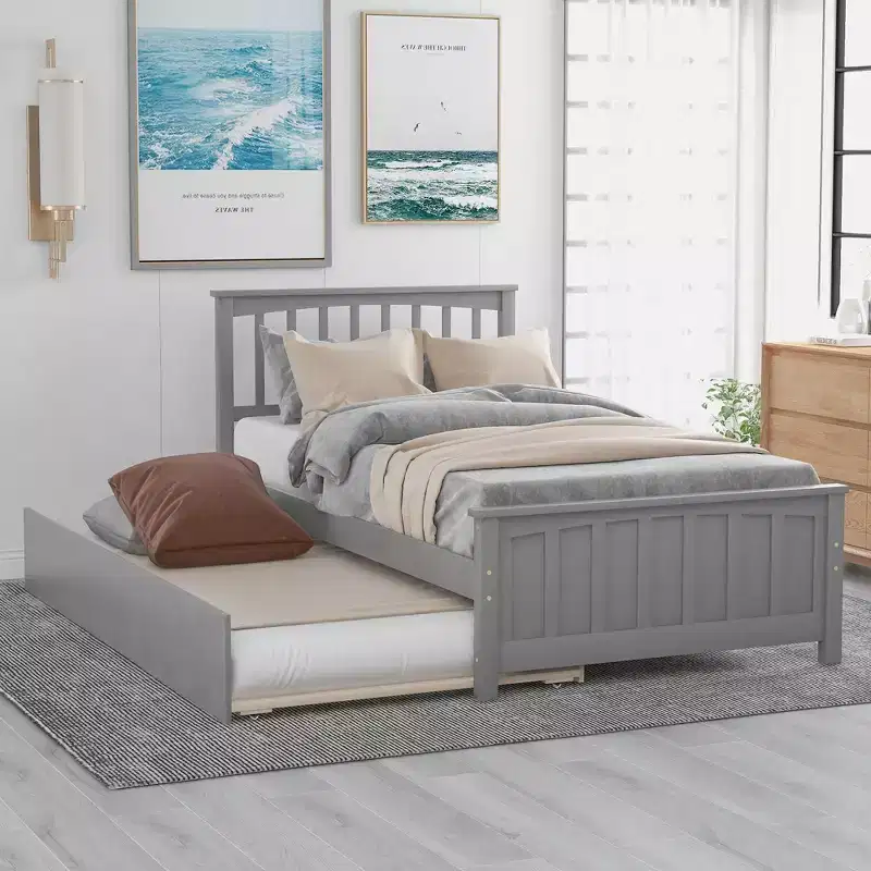 Twin Platform with Trundle, Wood Bed Frame with Headboard and Footboard for Bedroom