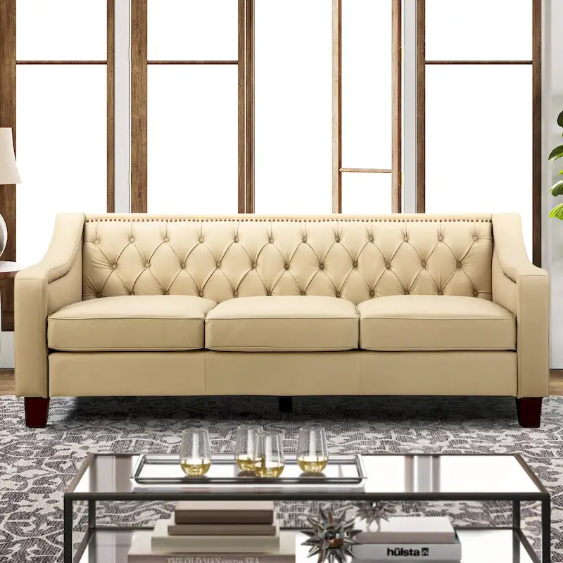 Mateo 82.28 Wide Transitional Genuine Leather Sofa with Nailhead Trim and Button-Tufted Back