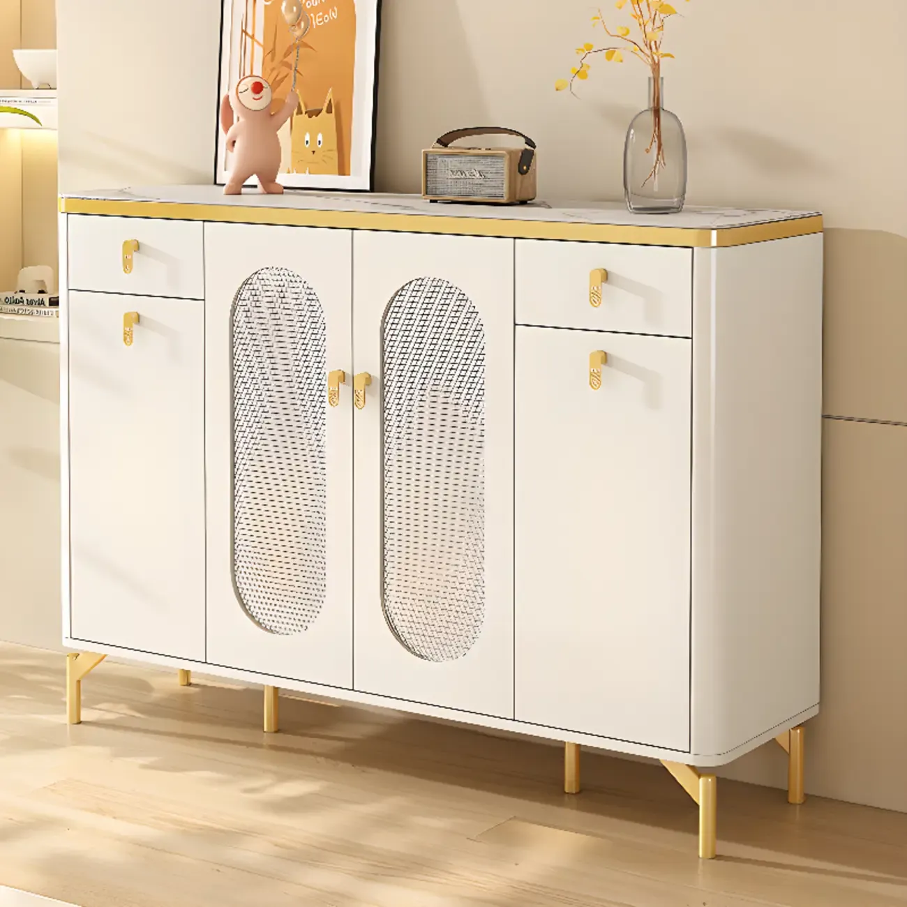 Entryway White Wooden Shoe Cabinet with Glass Doors