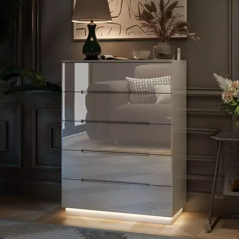 Hitow High Gloss 5 Drawer Dresser with Underlight Concealed Handle Chest of Drawers