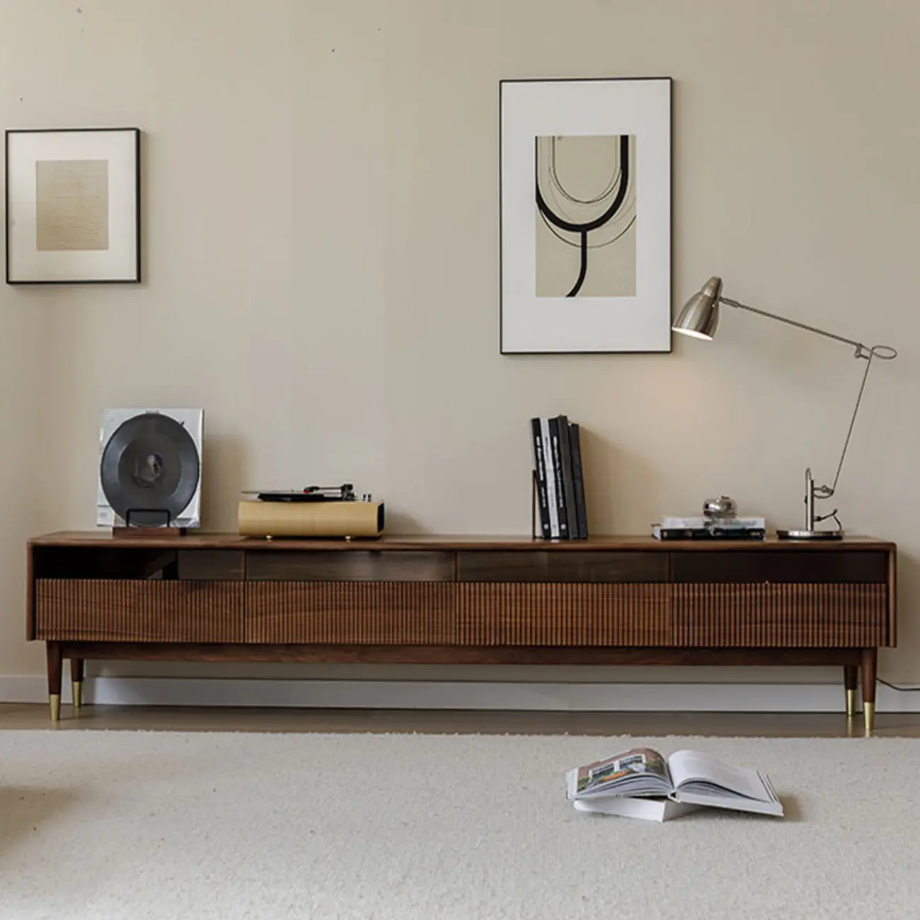 94.5 Long Brown Wood Walnut Fluted TV Stand with Drawers