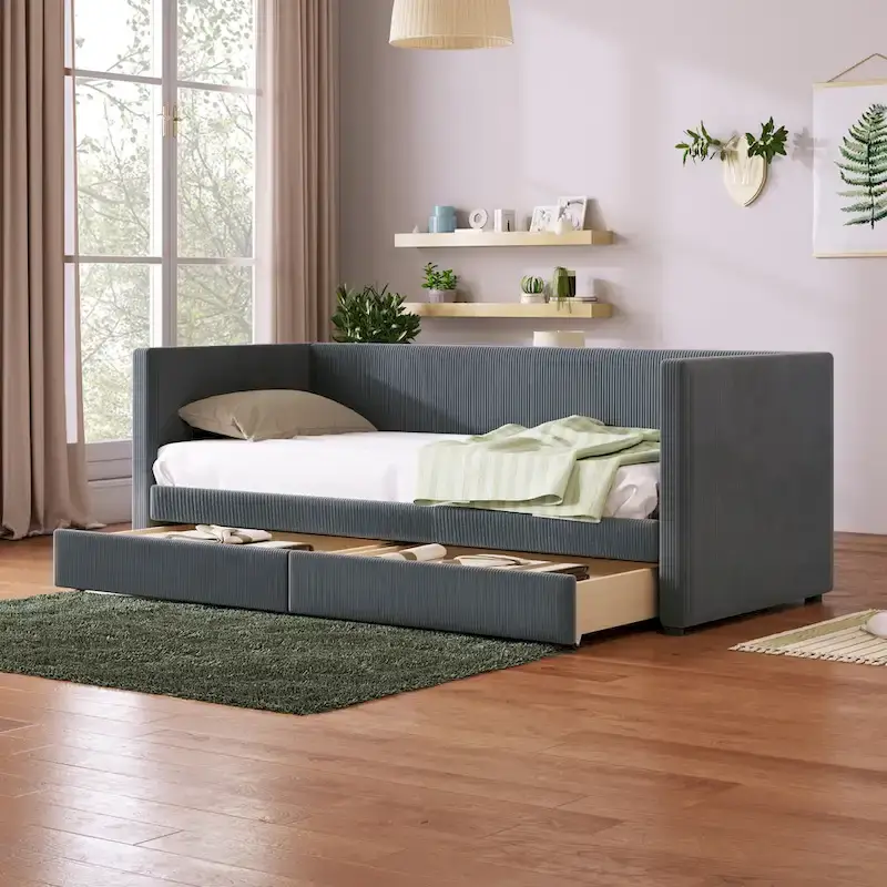 Upholstered Twin Size Daybed with Two Drawers