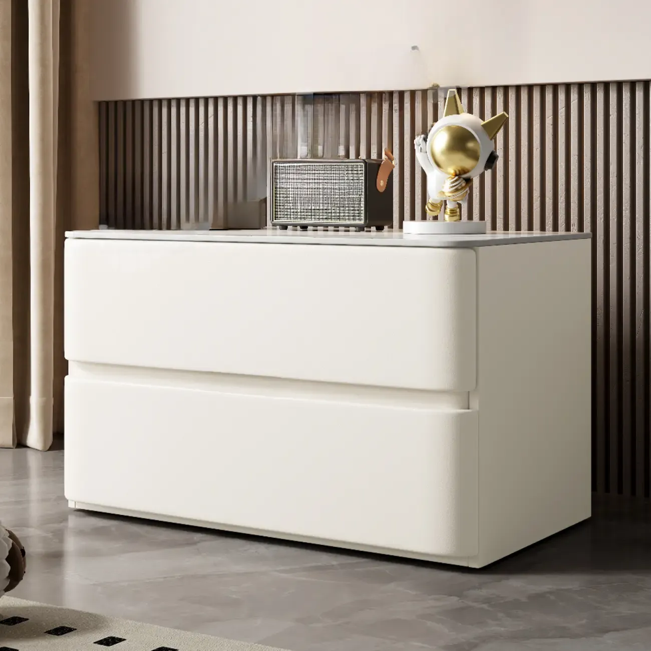 Modern Stone Top Wooden White Bedside Table 2 Drawers