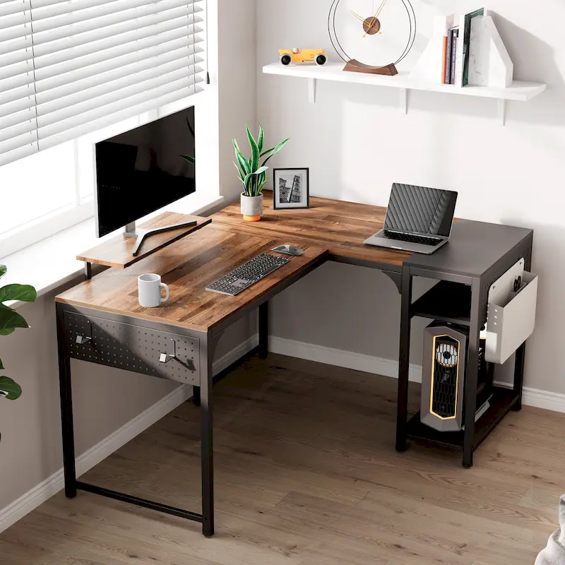 60 L-shaped Computer Desk Home Office Study Writing Desk with Monitor Stand and Storage Shelf