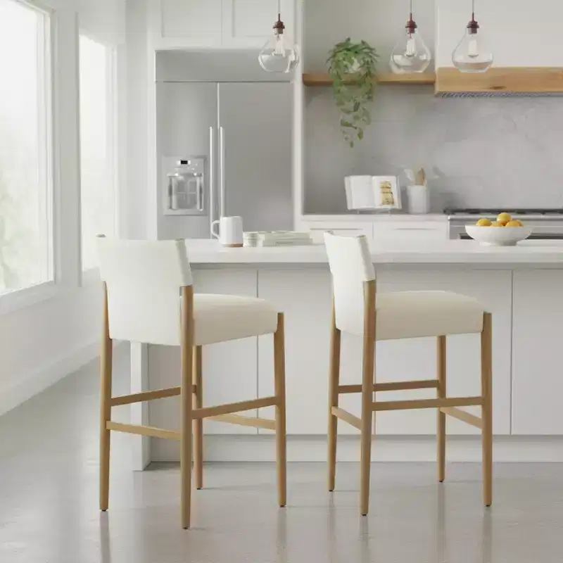 Homy Casa Set of 2 Modern 28.5 Solid Wood Bar Stools with Upholstered Seats, White