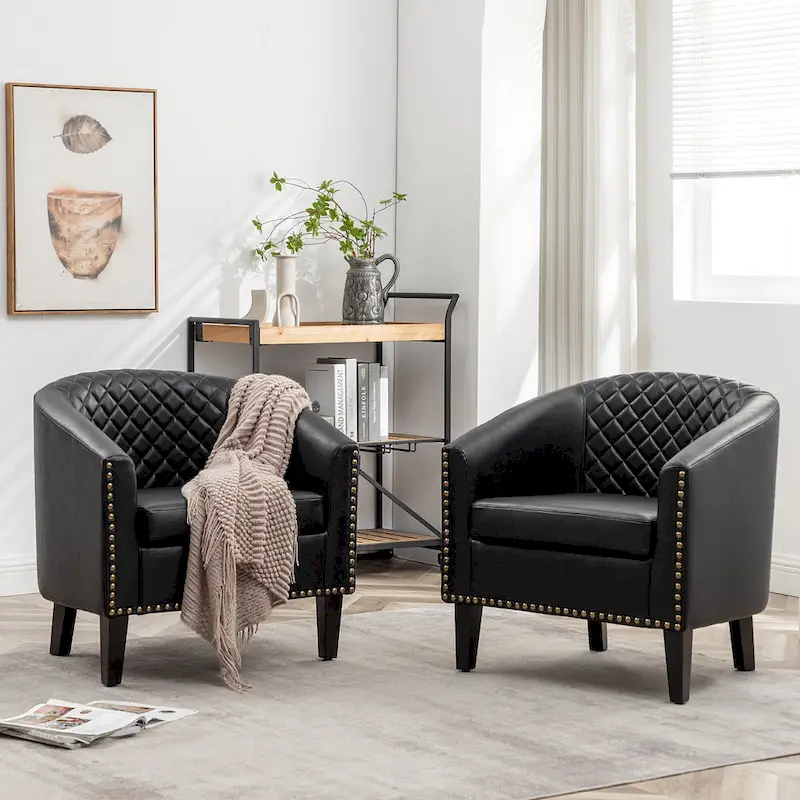 KINWELL 29 PU Faux Leather Club Armchair with Nailheads, Set of 2