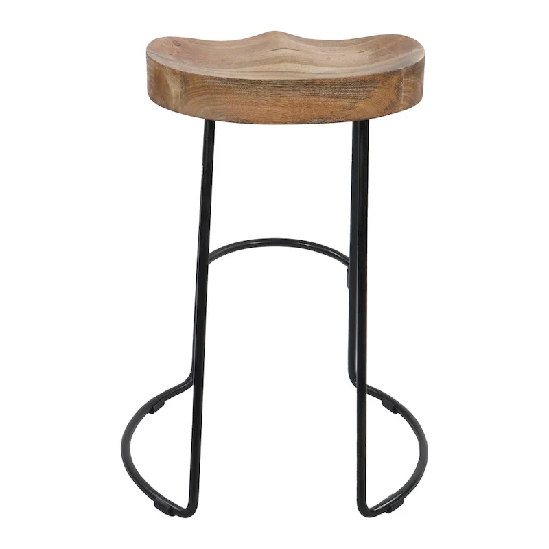 24 Inch Handcrafted Backless Barstool, Natural Brown Mango Wood Thick Saddle Seat, Black Iron Base