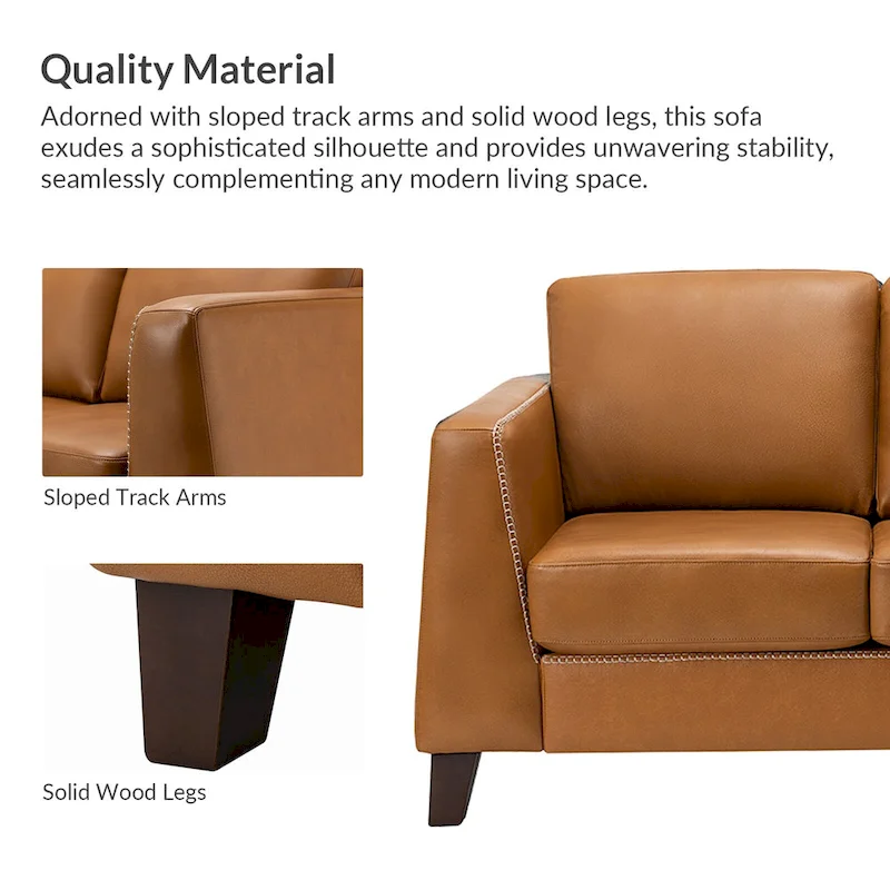 Rita 81.5 Genuine Leather Tuxedo Arm Sofa Couch With Solid Wood Legs By HULALA HOME