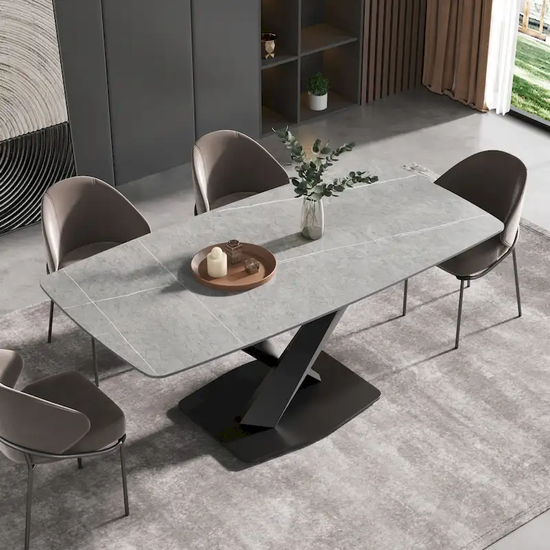 71  Modern Dining Table with Slate Stone Top and Metal Legs, Marble Dining Table
