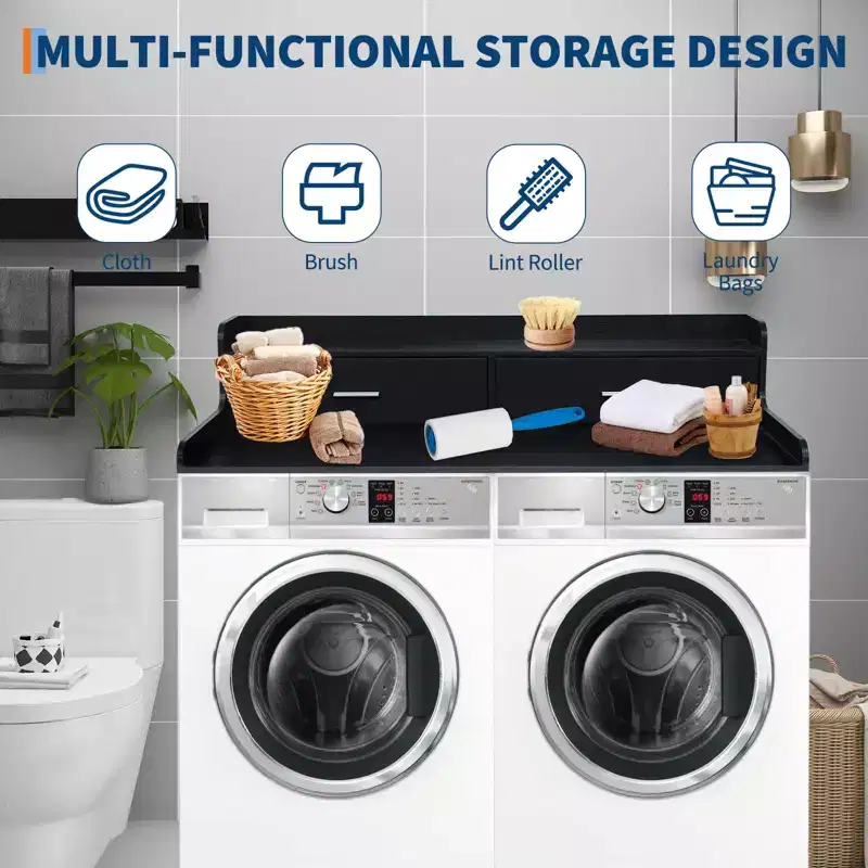 Laundry Countertop, 2-Tier Washer Dryer Countertop with 2 Drawers - 2.75'' Edge Rails, Waterproof Wood, Anti-Slip Pads (54''W27.55''D)