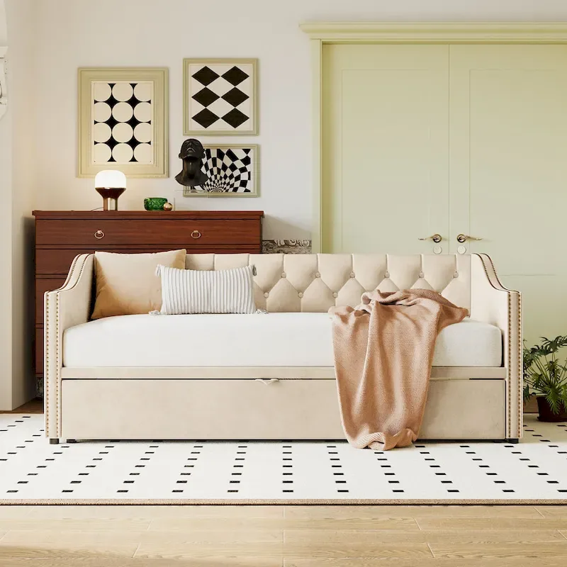 Twin Size Upholstered daybed with Pop Up Trundle, Beige