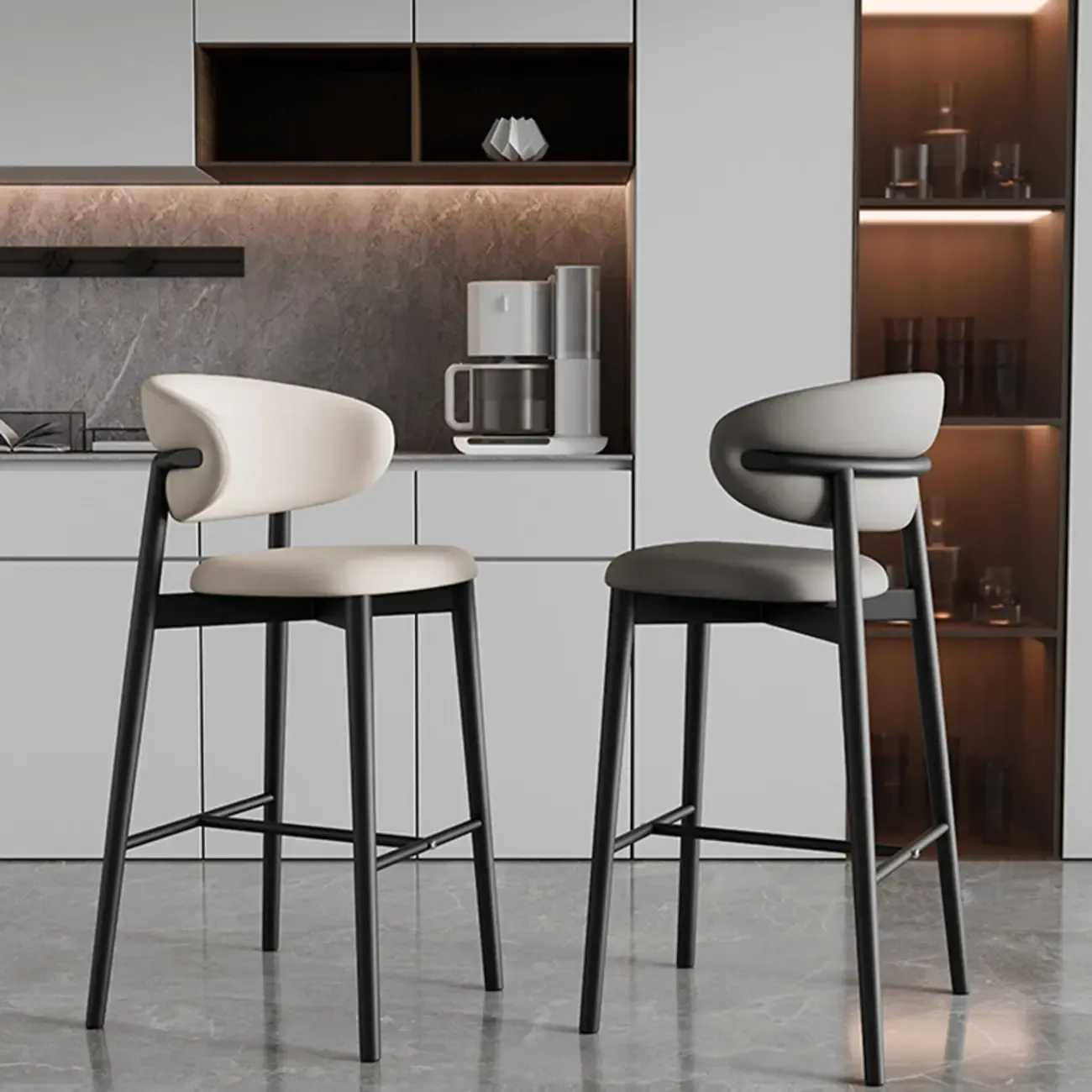 Art Deco Low Back Counter Height Leather Bar Stool