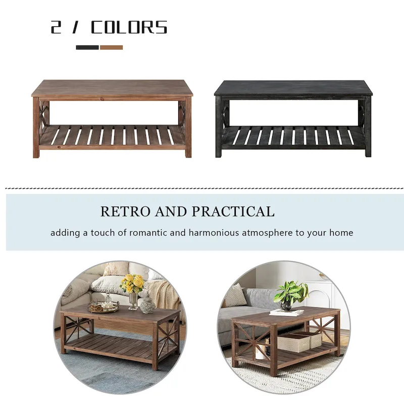 Open Shelf Coffee Table – Antique Black / Brown, Handcrafted Wood, Single