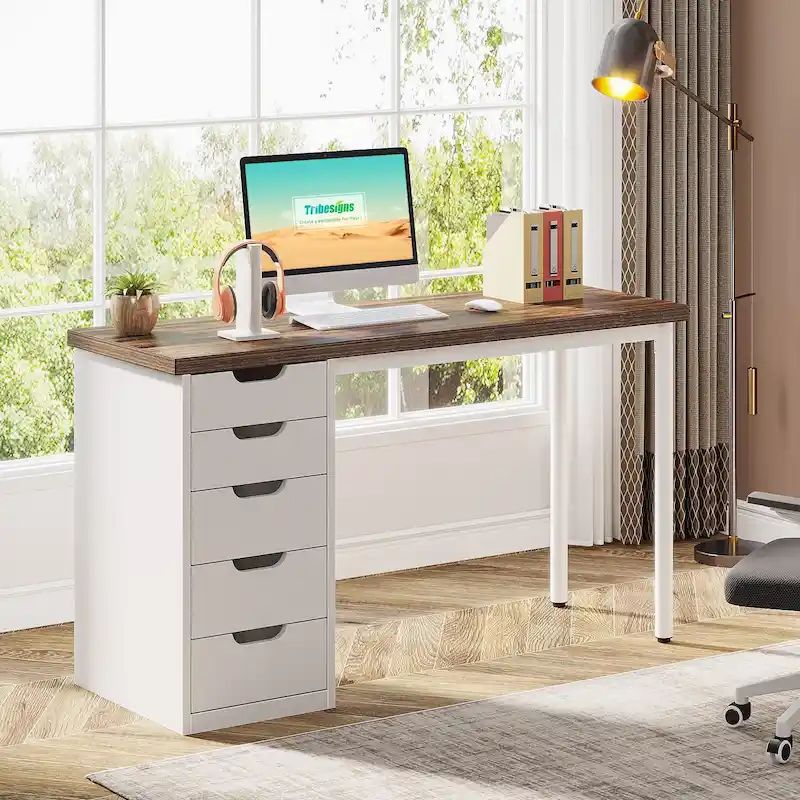 47 inch Computer Wood Desk Office Desks with 5-Drawer, Writing Desk with Metal Frame for Bedroom Study
