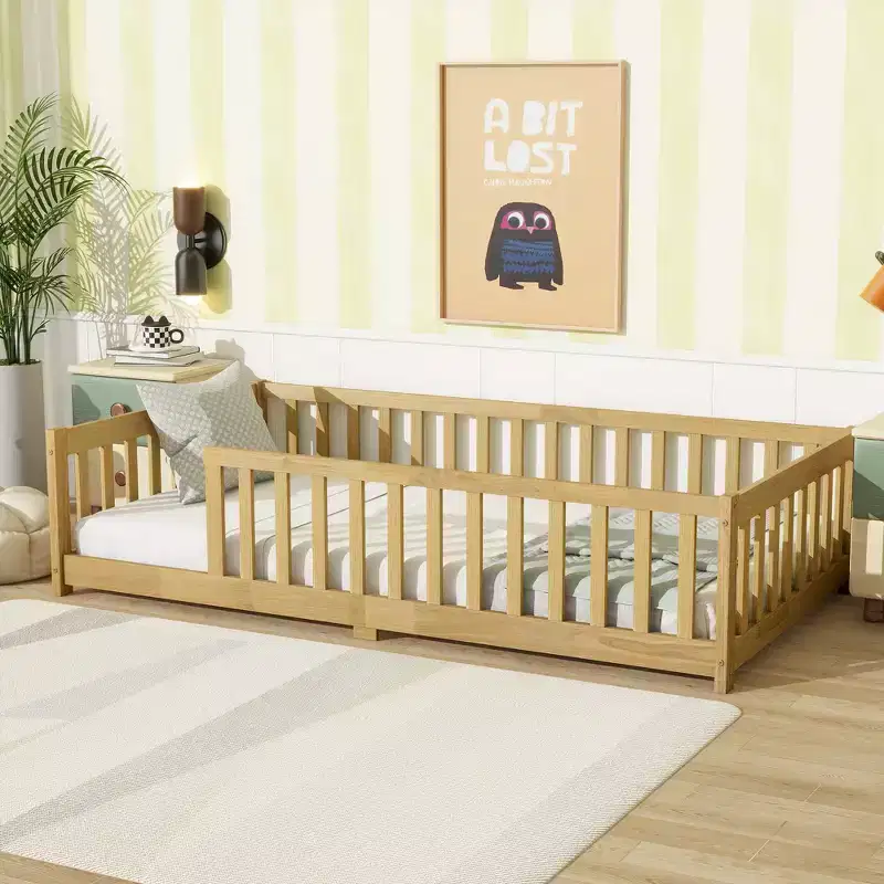 MAYEERTY Twin Floor Bed with Fence without Door, Rubber Wood Floor Guardrails Beige