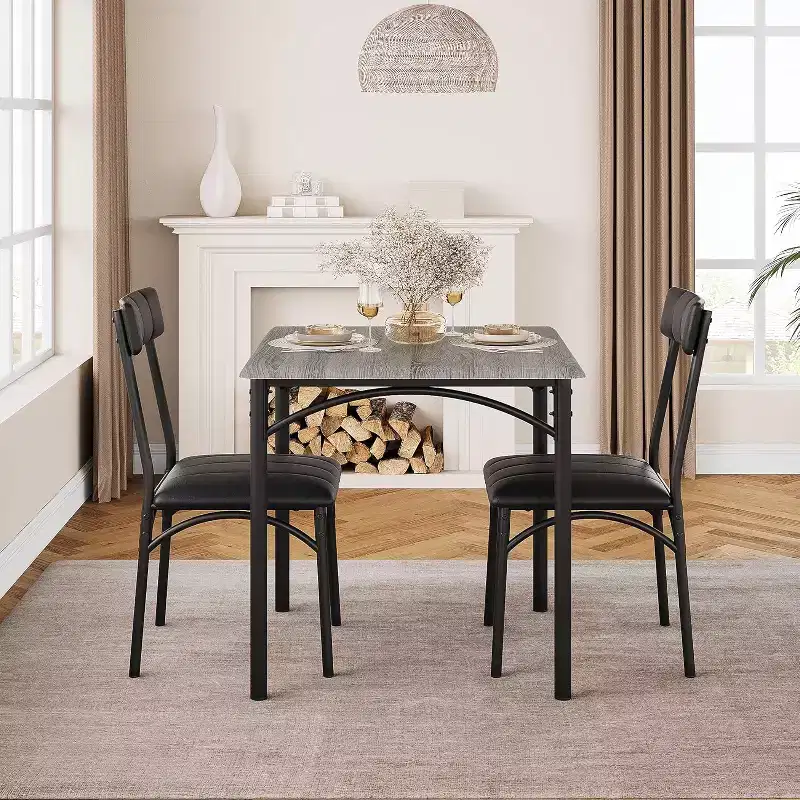 Modern Rustic Square Dining Set, 29.2' L x W 30.1' H Table, 33.7' 18.4' 17' Chairs, 2 Person, Metal & MDF, Easy Assembly, Space-Saving