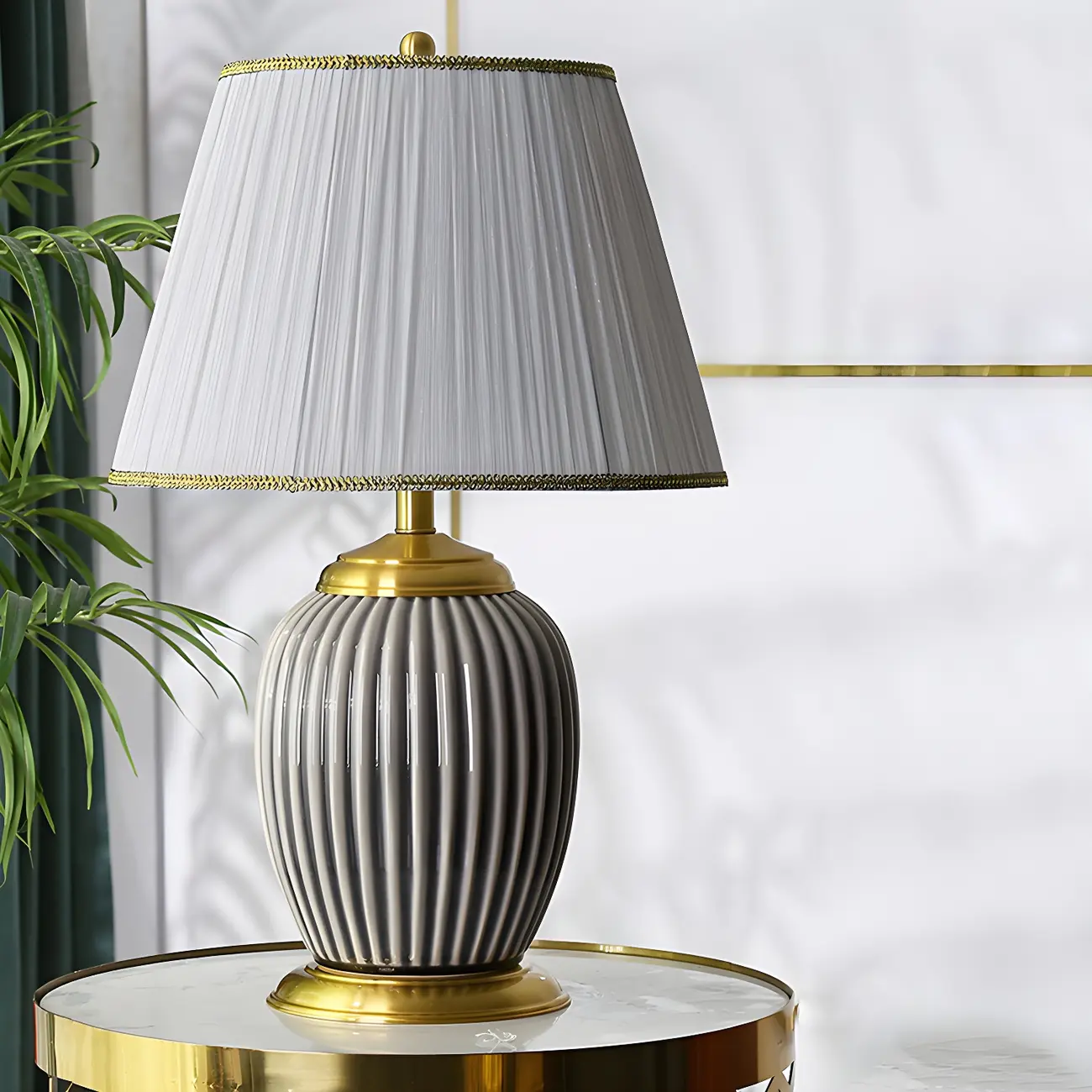 Plug-In Elegant Ceramic LED Table Lamp with Fabric Shade
