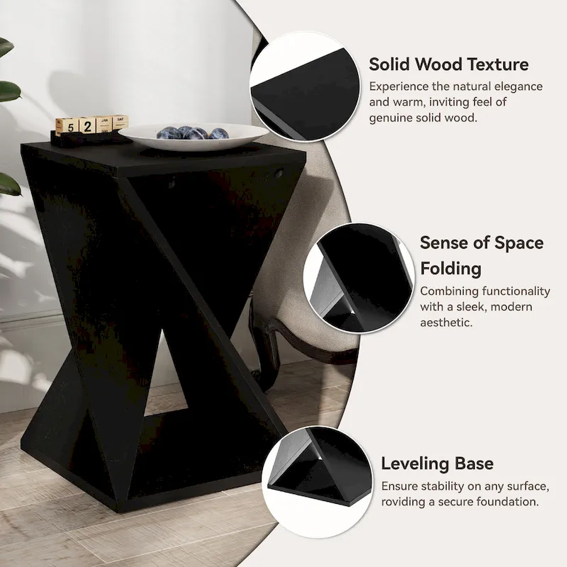 COZAYH Farmhouse End Table Square Solid Wood Side Table Rustic Plant Stand With Twisted Design, Natural Wood, Black