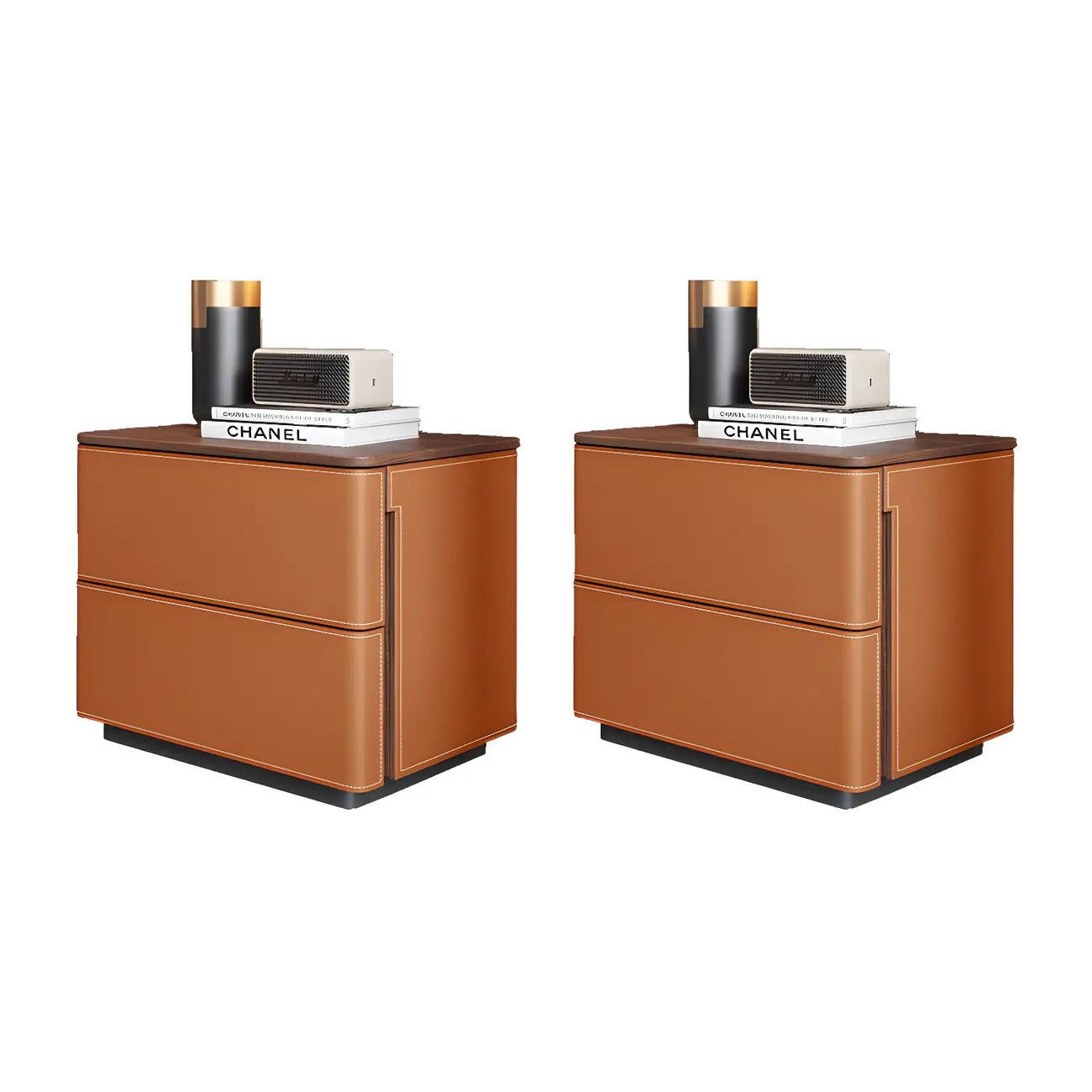 Modern Faux Leather Wood Top Drawers Nightstand