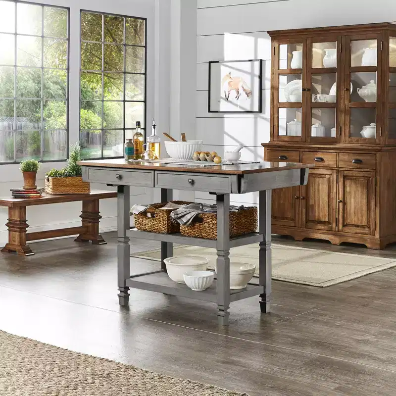 Two-Tone Kitchen Island with Drawers – Antique Grey / Antique White / Black
