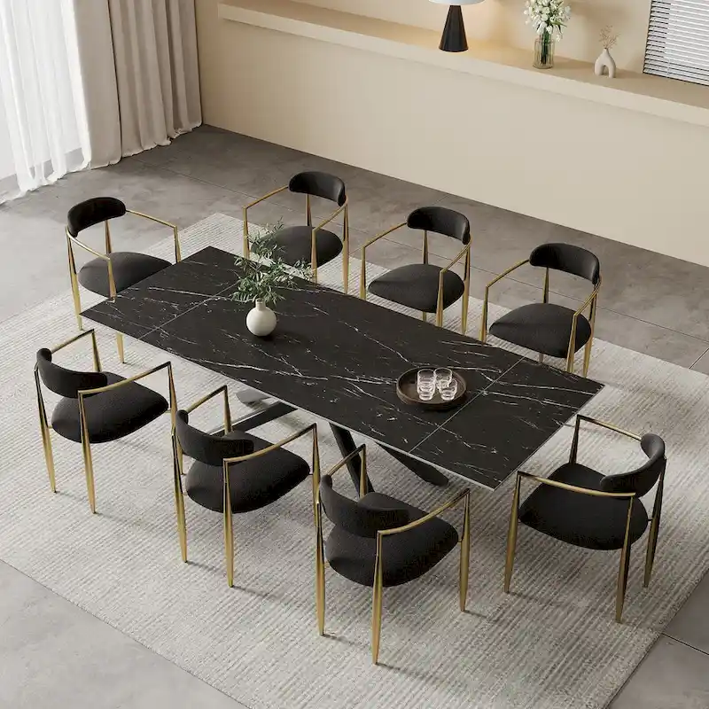 9 - Piece Extendable Sintered Stone Top Cross Legs Dining Set With 8 Fabric Chair