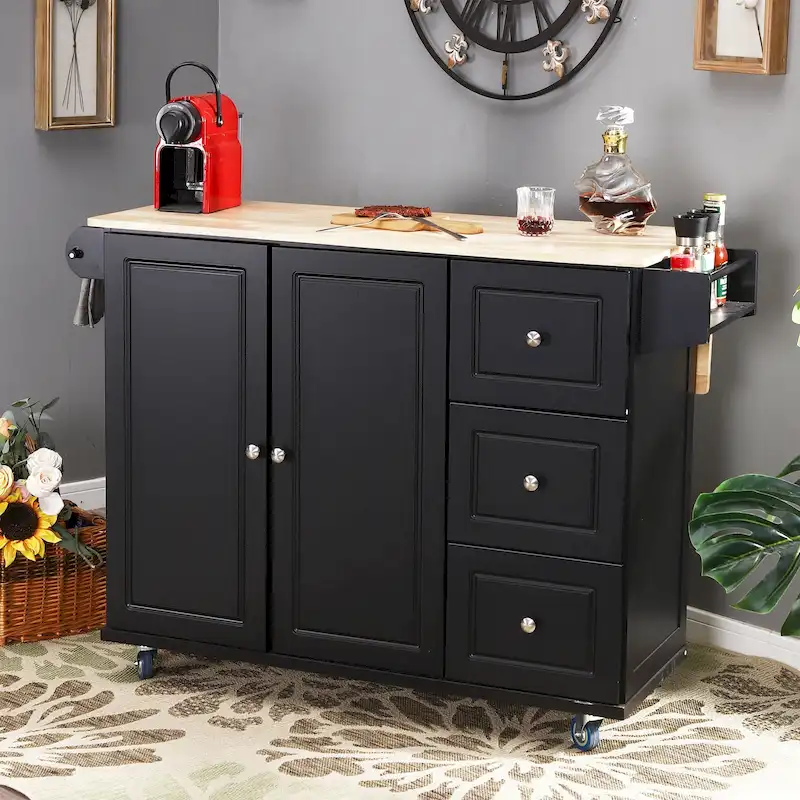 Kitchen Island Cart with Drop-Leaf and Rubber Wood Top, Rolling Kitchen Trolley Cart Cabinet