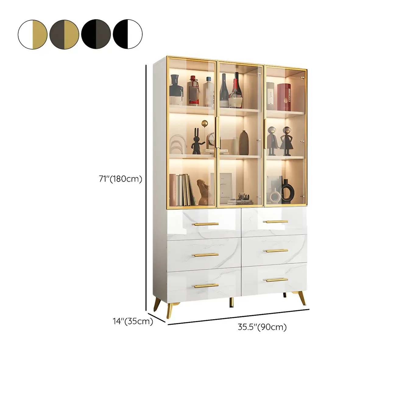 Modern Gold White Marble-Textured Wood Glass Versatile Cabinet