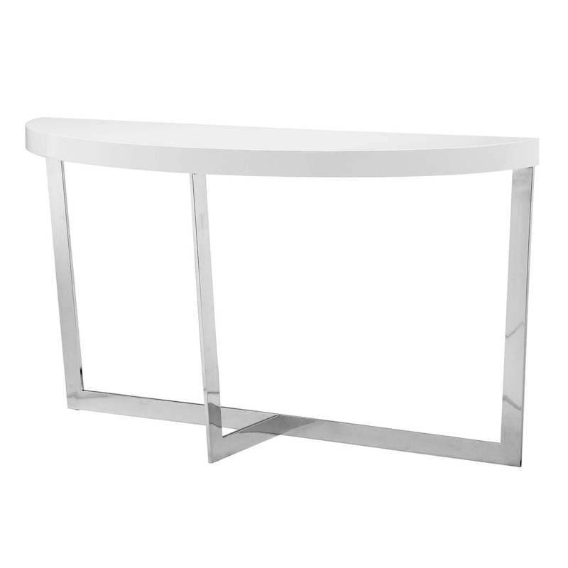 Tini 55 Inch Console Table, Oval Top, Chrome Frame, Sleek White Finish