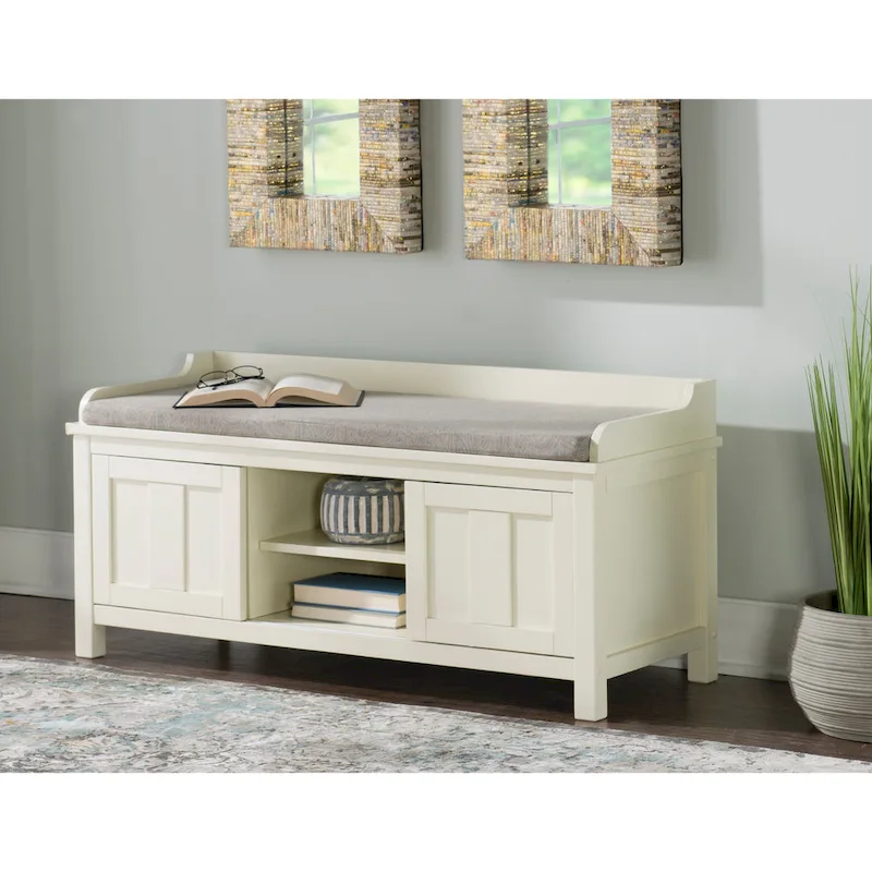 Cushioned Storage Bench with Sliding Doors, Wood & Metal, White, Standard, 45"W x 21"H, Seats 1