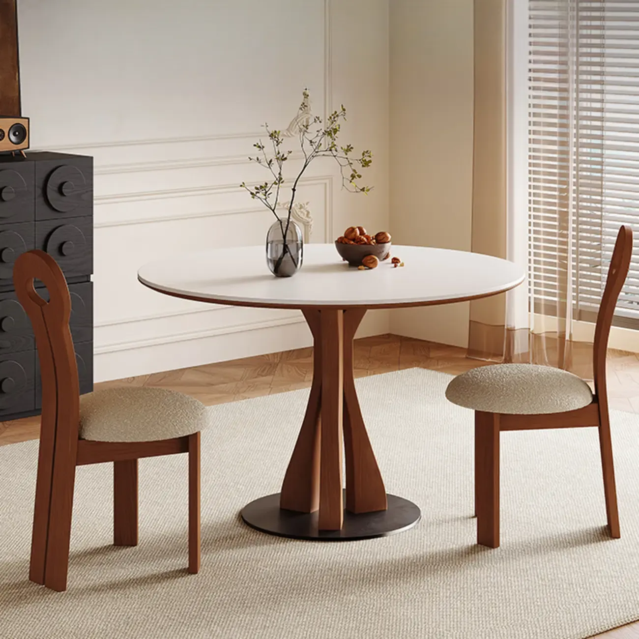 Mid-Century Modern White Stone Brown Wood Round Dining Table