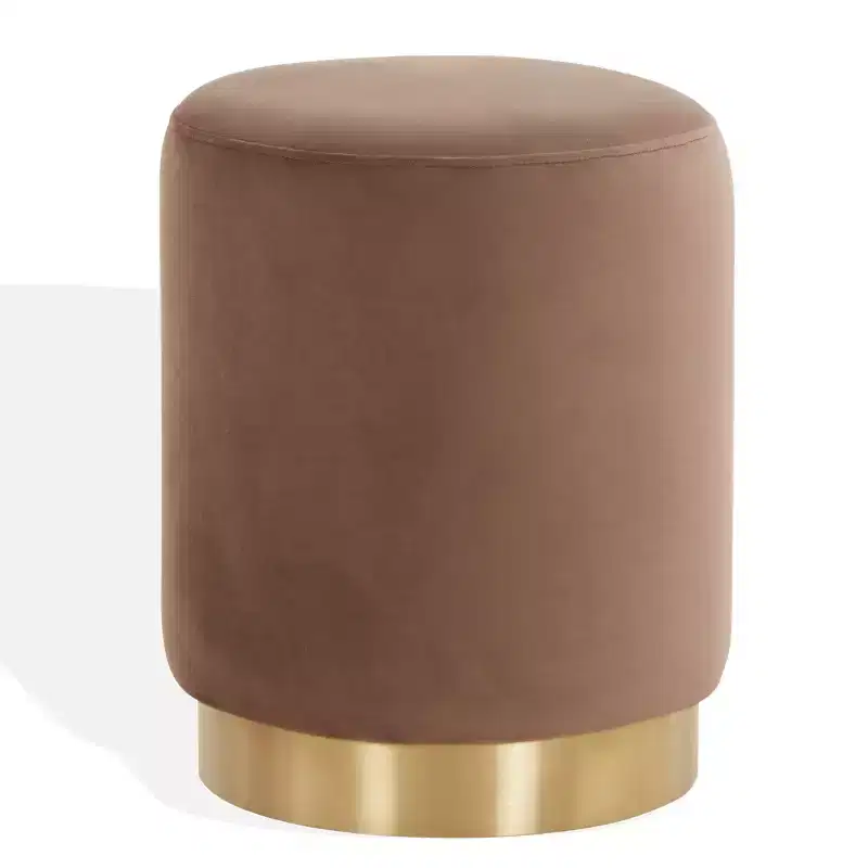 Round Velvet Ottoman with Brass Base, Single Seat — Multi-Color