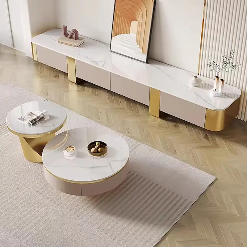 78.7 Modern TV Stands, White Glossy sintered stone top, gold legs, 4 Drawers - 78.74