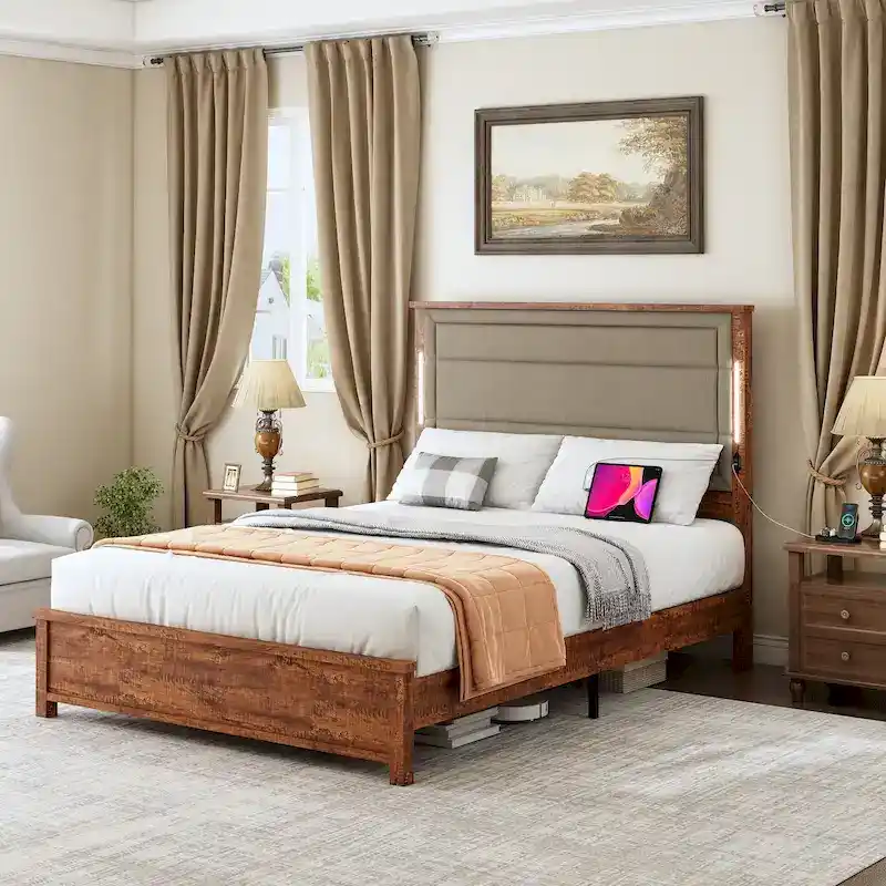 Queen Size Platform Bed with Upholstered Headboard and LED Lights