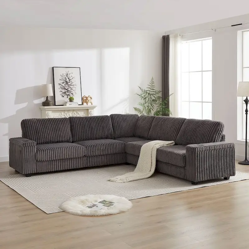 110-Inch L-Shape Oversized Corduroy Corner Sofa with Two Storage Spaces,USB Port, Type-C Port and Cup-Holder