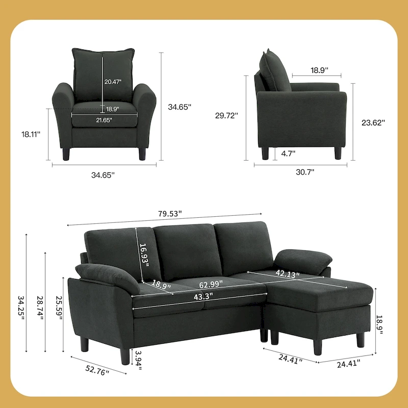 3-Piece Living Room Sectional Sofa Set with Chair and Ottoman