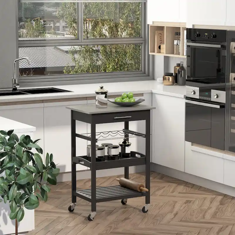 Kitchen island Cart Rolling Trolley Utility Serving Cart with Stainless Steel Tabletop, Wine Rack & Drawer