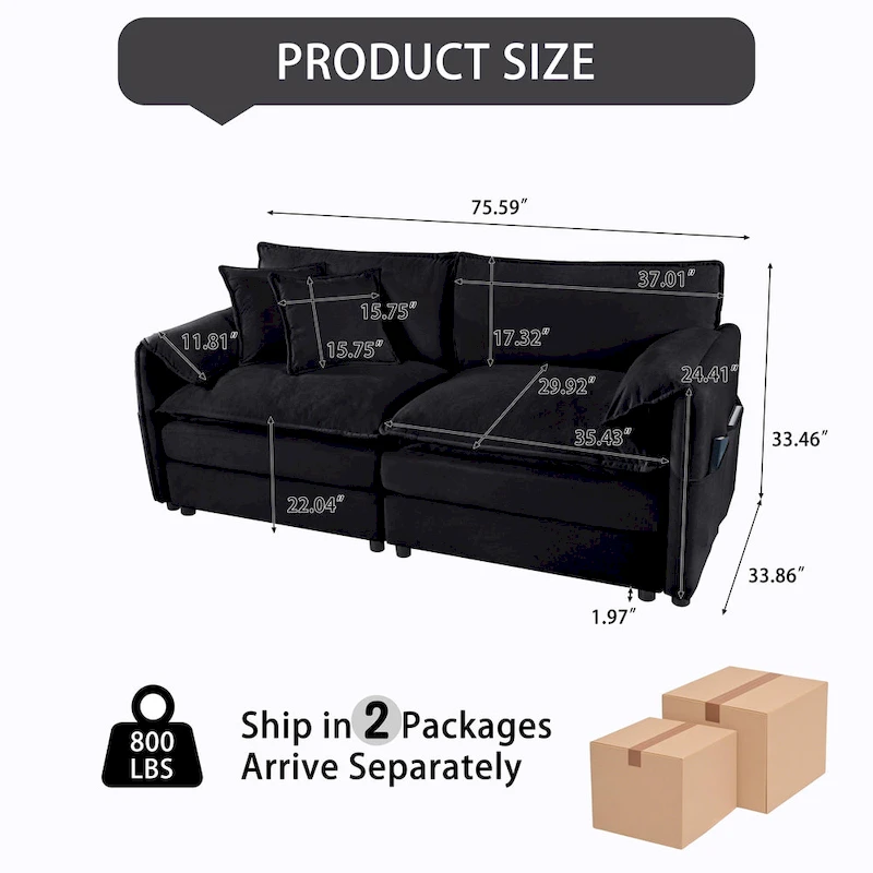 64 Oversized Chenille 2-Seater Sofa with DIY Combo & Storage Pockets